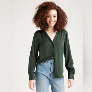 Quince Washable Stretch Silk Notch Collar Blouse Medium Forest Green